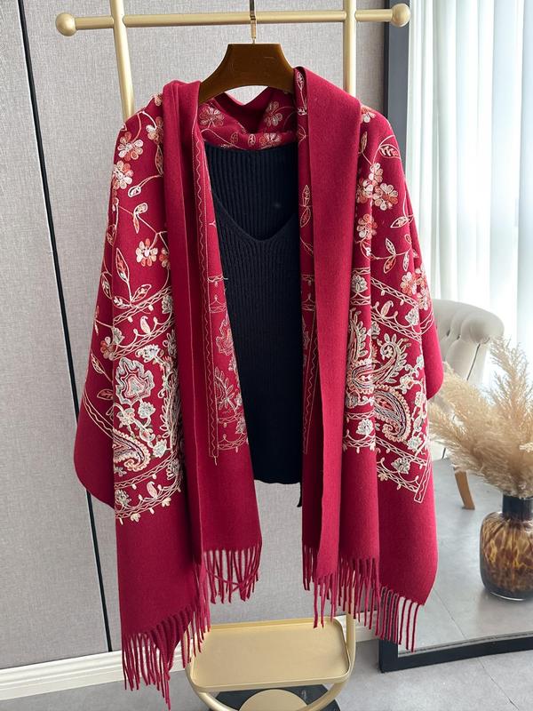 Floral Embroidery Tassel Decor Shawl, Boho Style Scarf for Women, Fashion Accessories for Fall & Winter