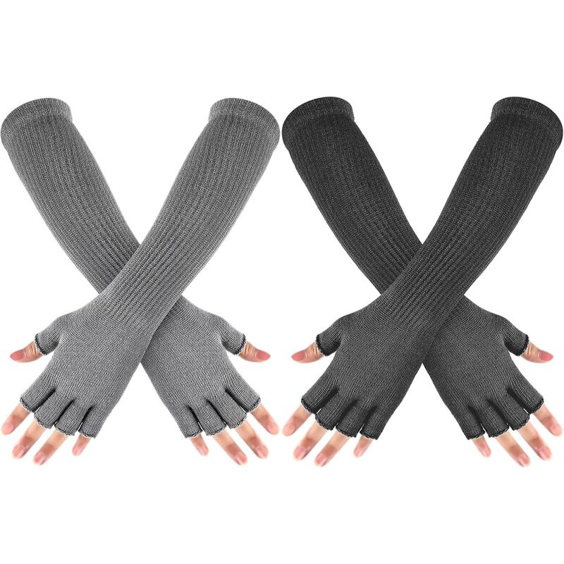 2 Pairs Winter Fingerless Gloves Long Thermal Knitted Mittens Stretchy Arm Warmers Half Finger Gloves for Men Women, 11 Inch