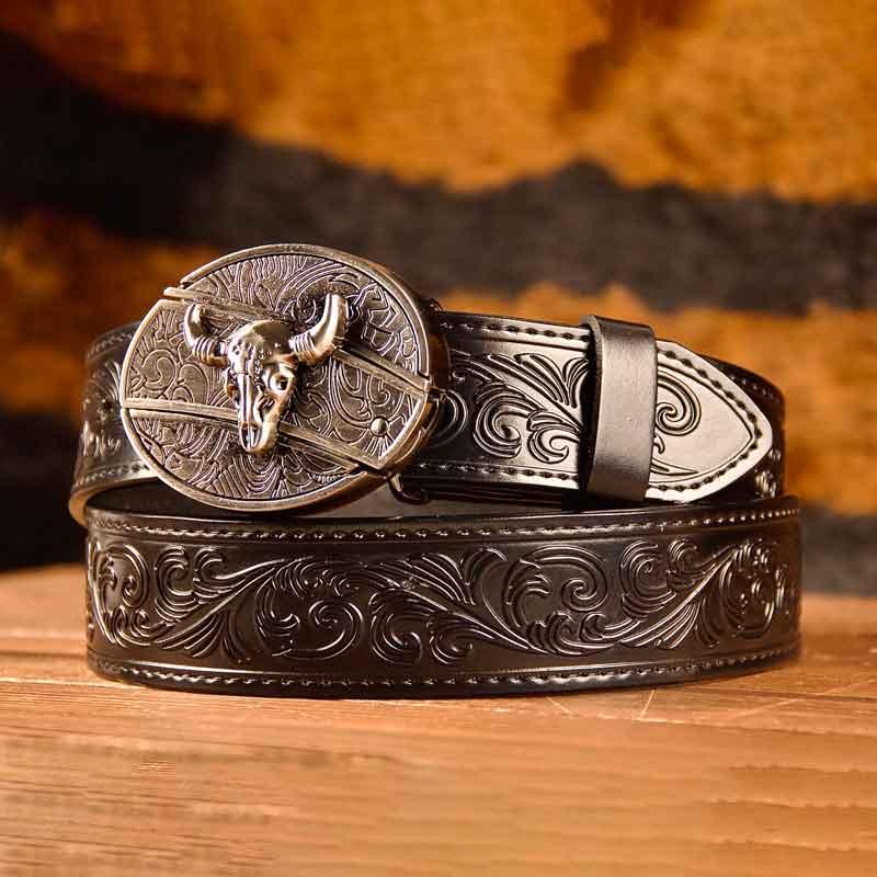 Western Black Leather Printed Belt and Oval removable western cowboy Buckle Costume Decoration