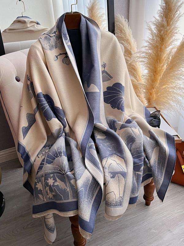Women's Lotus Flowers & Leaves Pattern Thick Double-sided Shawl, Casual Soft Warm Scarf for Fall & Winter, Fashion Accessories for Women & Girls