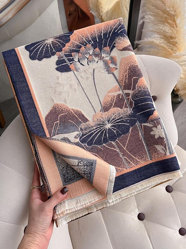 Women's Lotus Flowers & Leaves Pattern Thick Double-sided Shawl, Casual Soft Warm Scarf for Fall & Winter, Fashion Accessories for Women & Girls