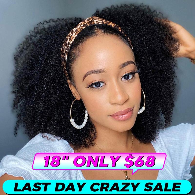 OQHAIR Afro Kinky Curly Headband Wig Human Hair Scarf Wig No Gel No Glue Full Machine Made Wig with Headband 180% Density