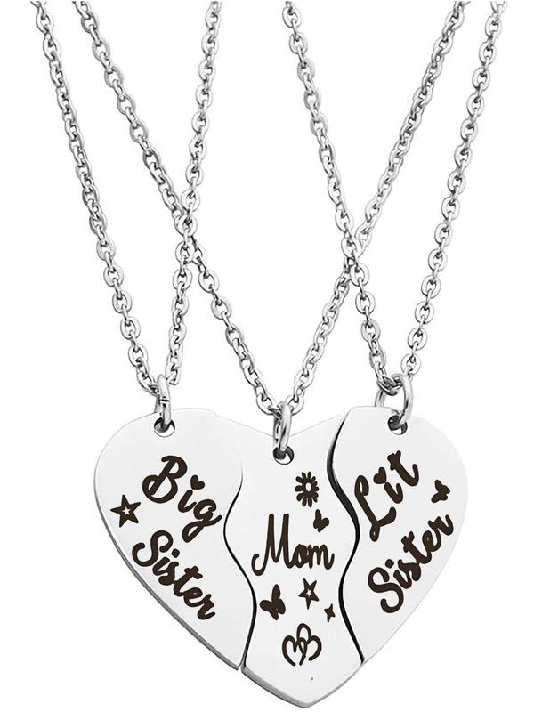 Mom & Daughter Necklace, 3 Counts Letter Pattern Heart Shaped Matching Necklace, Stainless Steel Jewelry for Party, Daily Decor, Trendy All-match & Exquisite Jewelry for Birthday Gift