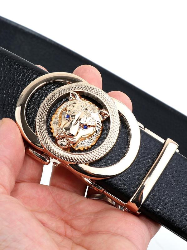 Men's Business Buckle Cowhide Belt, with Hollow Out Round & Bear Decor Buckle, Fashion All-match Waistband for Work Office Daily Wear