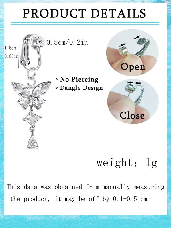 Women's Cute Rhinestone Decor Fake Belly Rings, 3pcs set Butterfly & Heart Design Belly Jewelry without Piercing, Fashionable Body Jewelry for Women & Girls As Birthday Gift