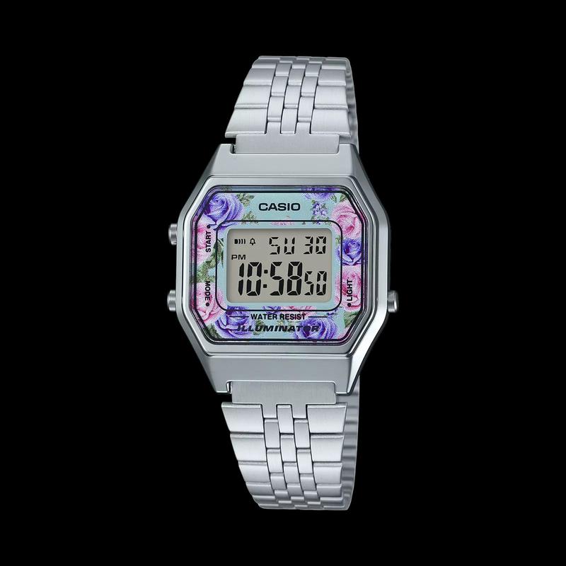 Casio LA680WA-2C Ladies Silver FLORAL Digital Watch Steel Band Retro Vintage
