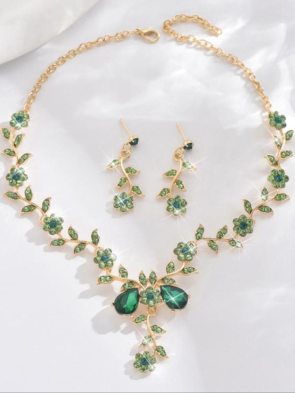 Women's Elegant Rhinestone Decor Leaf Design Necklace & Dangle Earrings, Exquisite Trendy Jewelry Set, Fashionable Accessories for Party & Daily Clothing Decor
