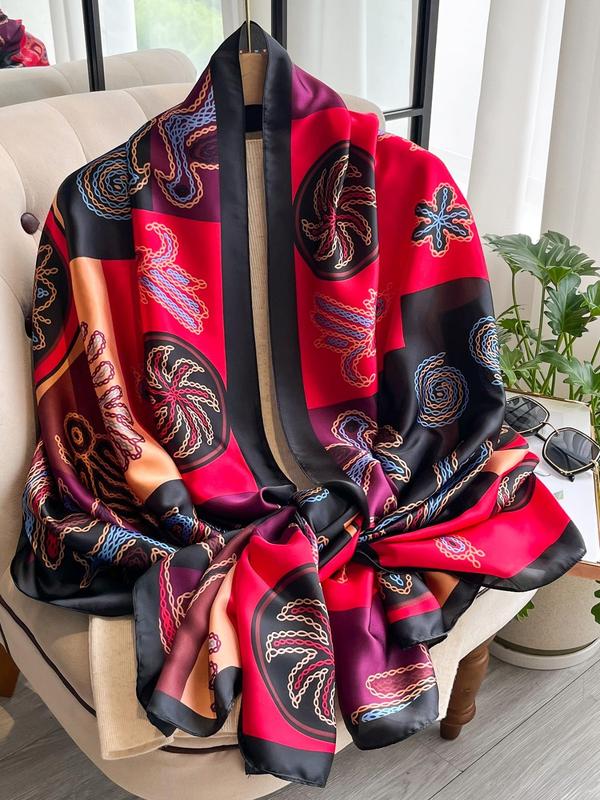 Women's Chain & Floral Print Scarf, Boho Style Soft Comfortable Shawl for All Seasons, Fashion Accessories for Women & Girls