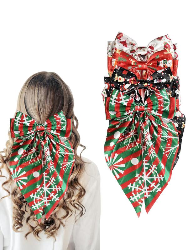 Christmas Themed Bow Decor Hair Clip Set, Cute Colorful Printed Fabric Hair Accessories for Women & Girls, Minimalist Headwear Suitable for Thick Hair