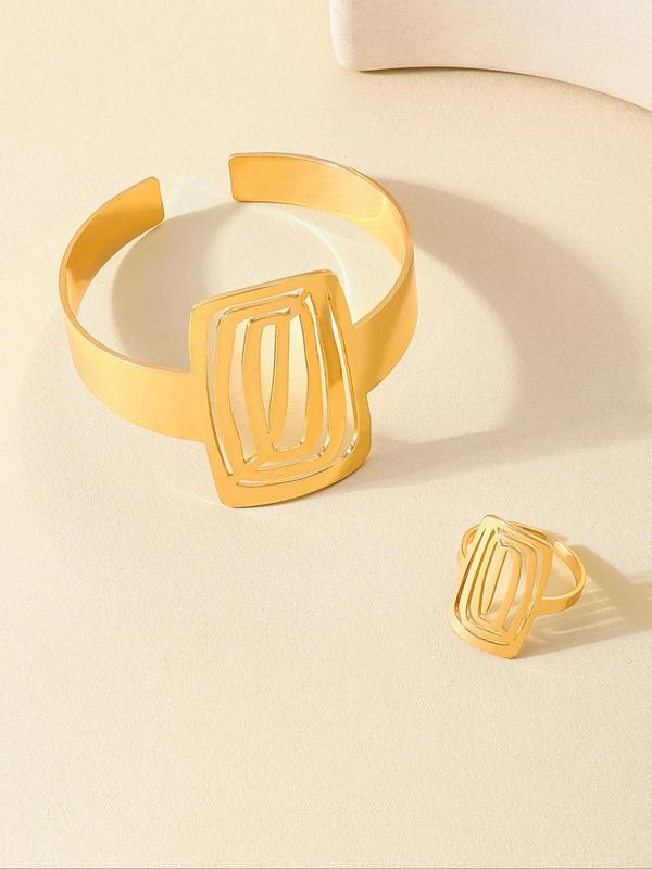 Women's Elegant Hollow Out Design Cuff Bangle & Ring, Exquisite Trendy Adjustable Ring & Bangle, Fashionable Jewelry Set for Women As Gift