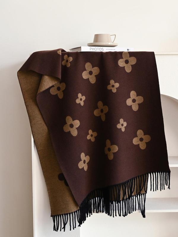 Floral Print Fringe Trim Scarf, Casual Soft Warm Shawl for Fall & Winter, Fashion Accessories for Women & Men