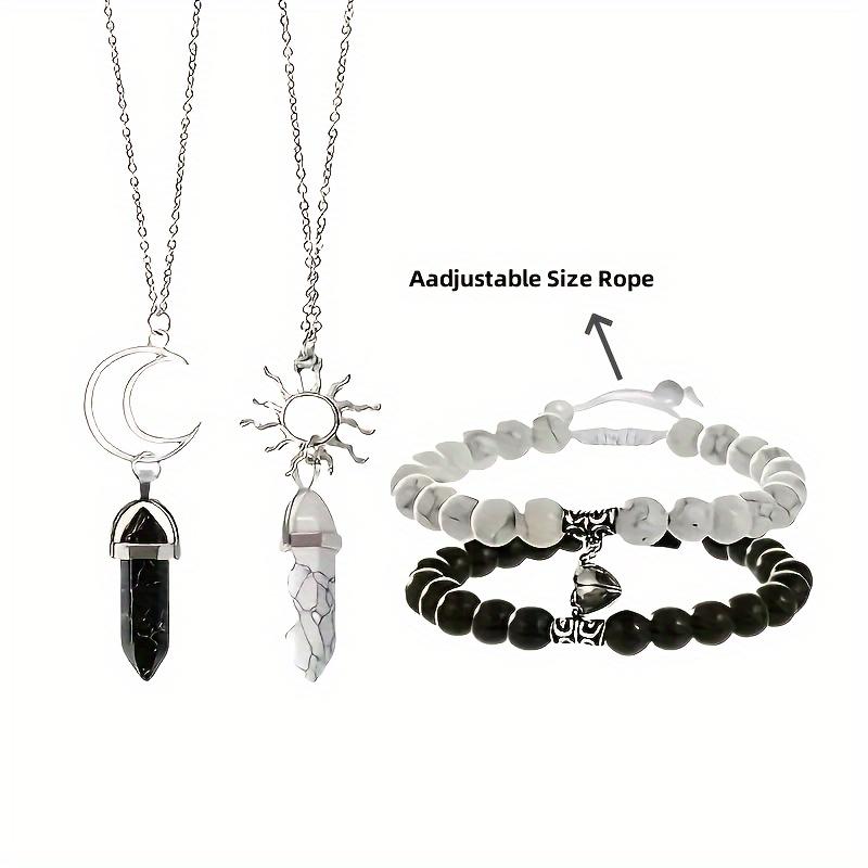 Christmas Valentines Day Anniversary Jewelry Gifts for Him and Her, 4PCS Couple Bracelets for Women Men Distance Matching Relationship 8 mm Stone Beads Couples Friendship Natural Stone Sun Moon Pendant Necklace and Bracelet Jewelry Set for Couples