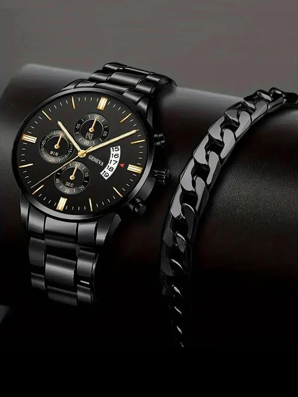 Men's Business Fashion Round Dial Analog Quartz Watch & Bracelet Set, without Box, Trendy All-match & Exquisite Watch Set for Birthday Gift