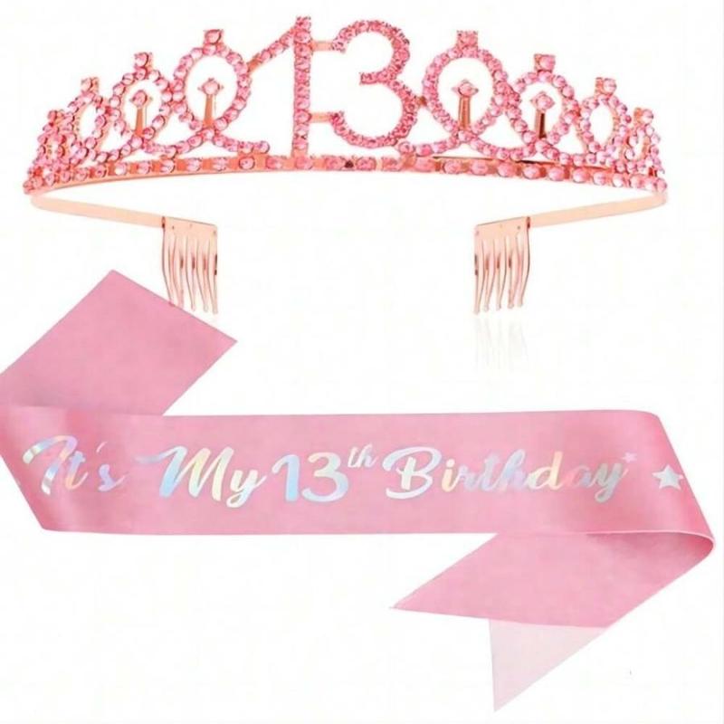 Birthday Crown & Sash Set, 2 Counts set Rhinestone Crown & Letter Print Sash, Birthday Party Favor for Women & Girls, Fashion Accessories for Party, Holiday