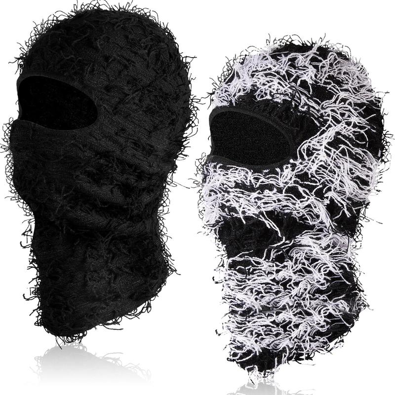 2 Count Distressed Balaclava Ski Mask Knitted Windproof Premium Yeat Men Women Cream Fuzzy Distressed Beanie Hat Cozy Cap Full Face Mask Cold Weather