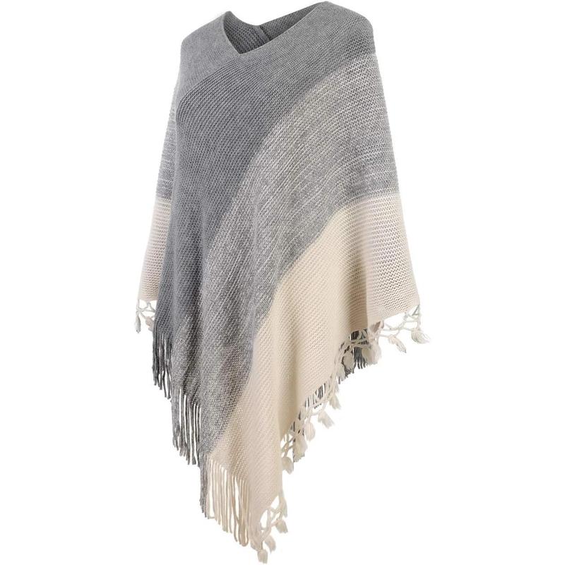 Women Striped Poncho with Tassels Knitted Shawl Scarf Fringed Wrap Sweater Pullover Cape Gifts for Women
