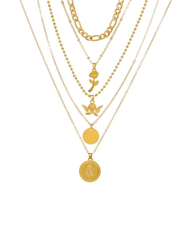 Women's Elegant Layer Necklace, Fashion Flower & Angel Design Pendant Necklace, Casual Jewelry for Party, Daily Clothing Decor, Trendy All-match & Exquisite Jewelry for Gift