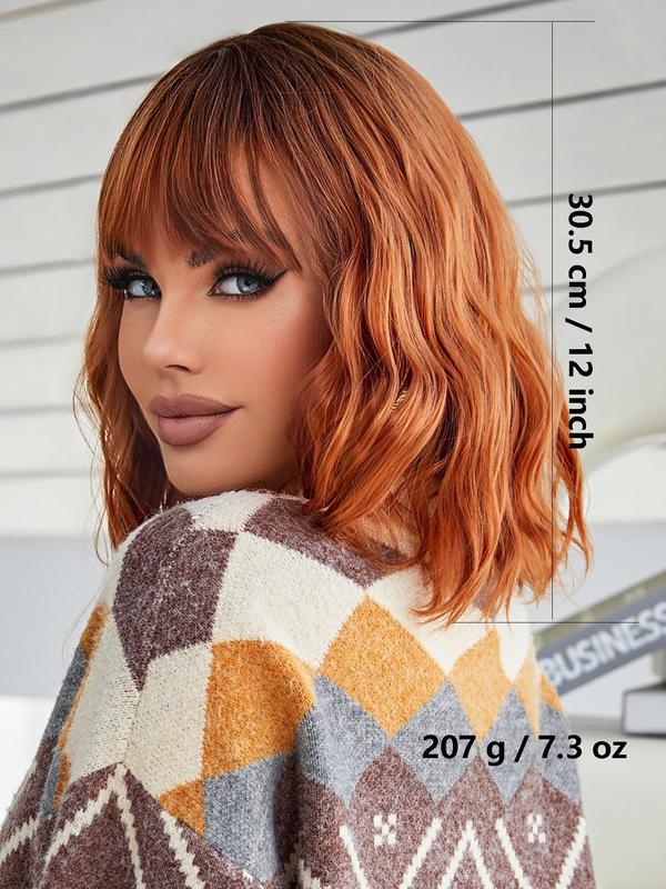 12 Inch Short Water Wavy Wig, Gorgeous Fluffy Wigs with Blunt Bangs, Glueless Wigs Ready To Wear, Natural Look Synthetic Full Machine Replacement Wigs for Party, Daily Use