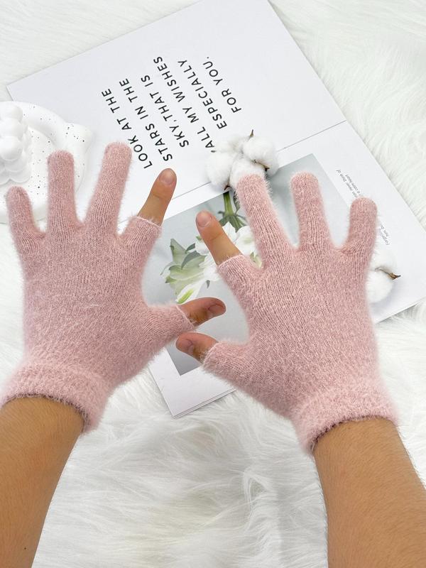 Solid Color Half Finger Gloves, Fashionable Warm Gloves for Fall & Winter, Casual Trendy Fuzzy Gloves for Men & Women