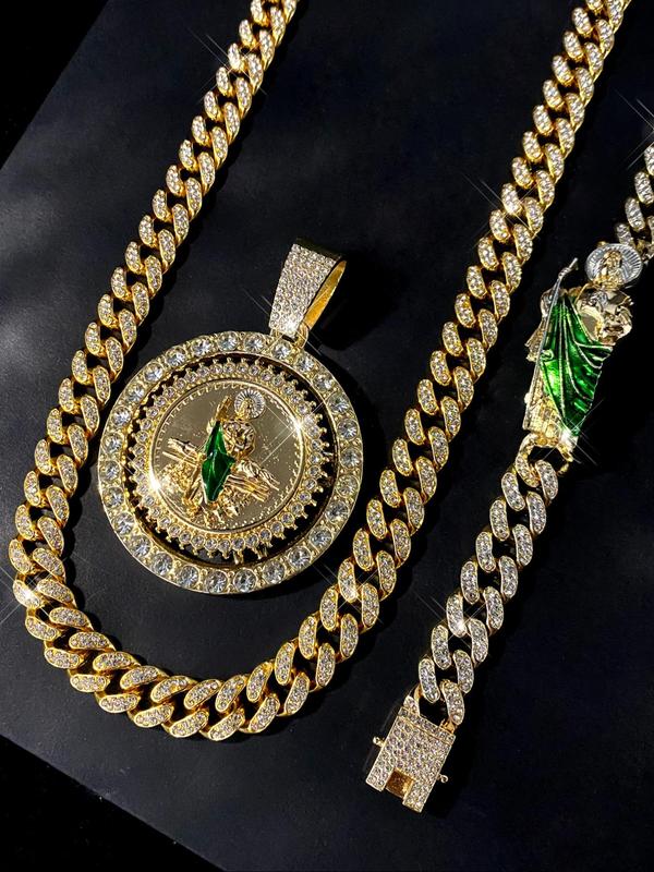 Hip Hop Jewelry Set, Rhinestone Decor St. Jude Necklace & Link Bracelet, Fashion Jewelry for Party, Daily Clothing Decor, Trendy All-match & Exquisite Jewelry for Birthday Gift