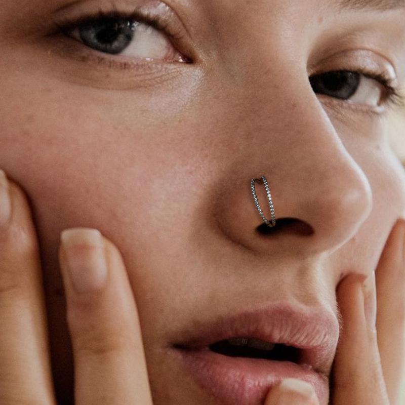 18G Solid Titanium Nose Piercing, Double Row Diamonds Hoop Nose Ring,Conch Helix Daith Lip Piercing Jewelry