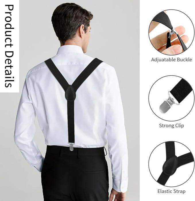 Suspenders and Bow Tie Set, Y Shape Suspenders With Clips Adjustable Buckle, Suspenders Women Men