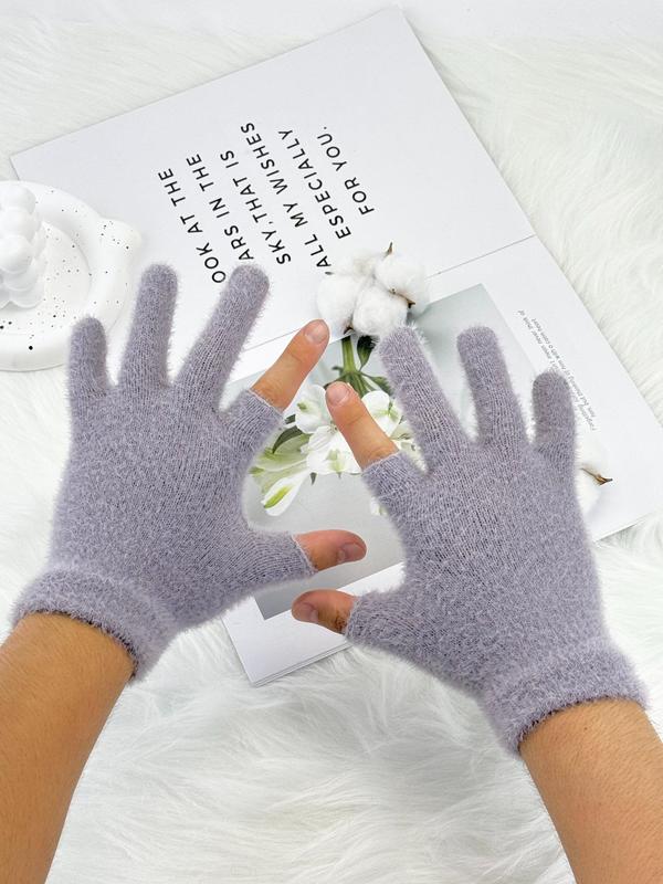 Solid Color Half Finger Gloves, Fashionable Warm Gloves for Fall & Winter, Casual Trendy Fuzzy Gloves for Men & Women