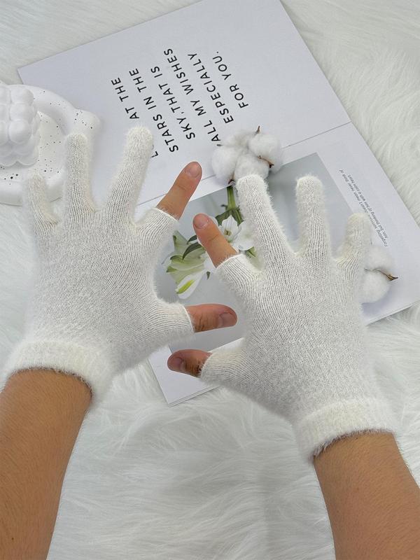 Solid Color Half Finger Gloves, Fashionable Warm Gloves for Fall & Winter, Casual Trendy Fuzzy Gloves for Men & Women