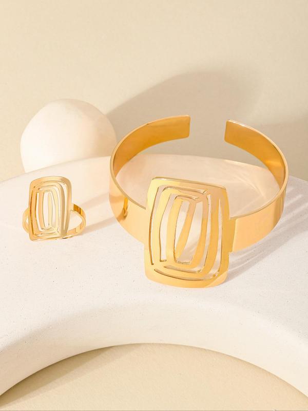 Women's Elegant Hollow Out Design Cuff Bangle & Ring, Exquisite Trendy Adjustable Ring & Bangle, Fashionable Jewelry Set for Women As Gift