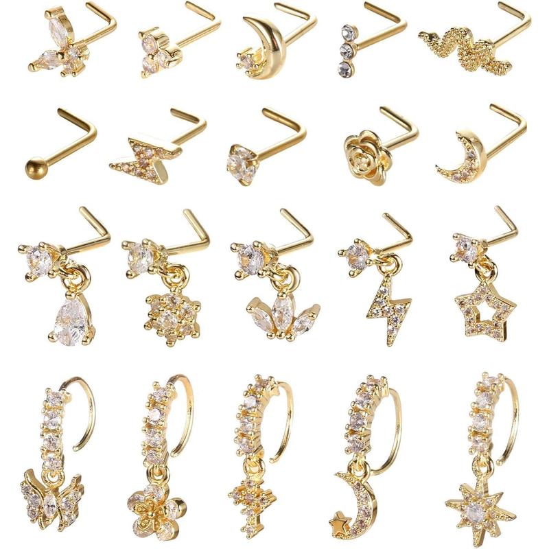 20Pcs 20G Dangle Nose Ring L Shaped Dangling Nose Stud for Women Stainless Steel CZ Flower Dangle Hoops Nose Piercing Jewelry