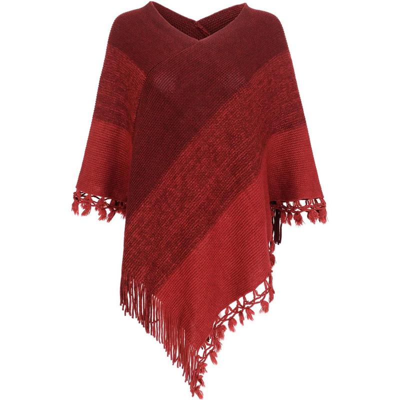 Women Striped Poncho with Tassels Knitted Shawl Scarf Fringed Wrap Sweater Pullover Cape Gifts for Women