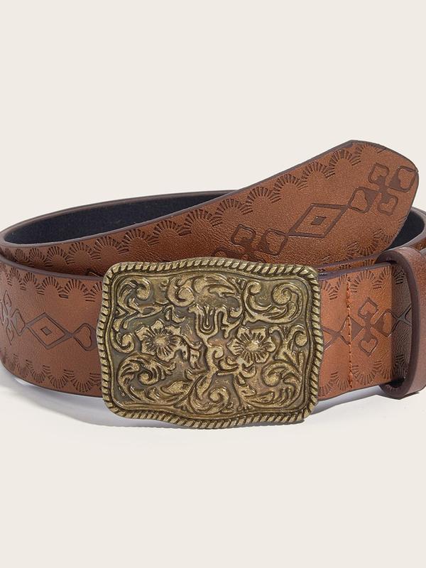 Vintage Ethnic Pattern Embossed Buckle Belt, Adjustable Western Belt for Women, Fashion Accessories for Daily Wear