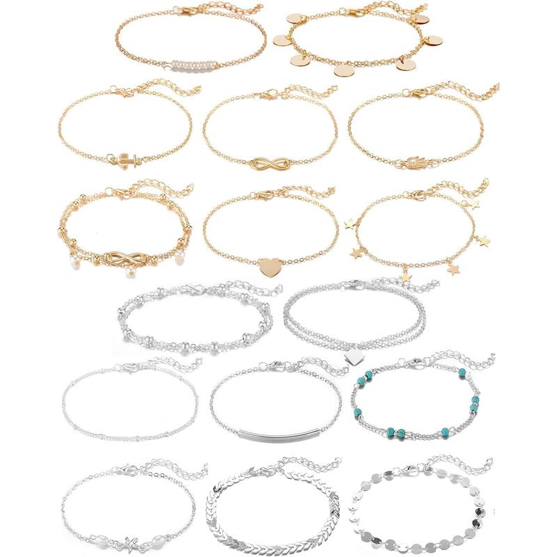 16Pcs Ankle Bracelets for Women  Two Style Chain Beach Anklet Bracelet Jewelry Anklet Set,Adjustable Size