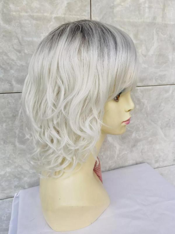 30cm 13.77in Layered Wave Light Silver Gray Hair Root Black Gray Synthetic Wig for Women, Natural Daily Wig, Synthetic Full Machine Wigs for Party, Daily Use,  Fall Hair Trends 2024
