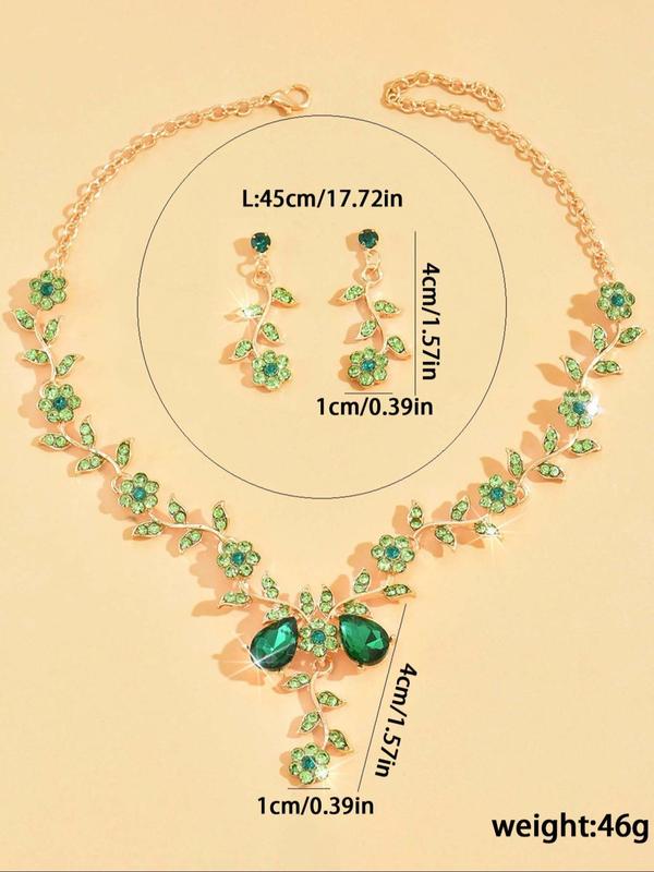 Women's Elegant Rhinestone Decor Leaf Design Necklace & Dangle Earrings, Exquisite Trendy Jewelry Set, Fashionable Accessories for Party & Daily Clothing Decor