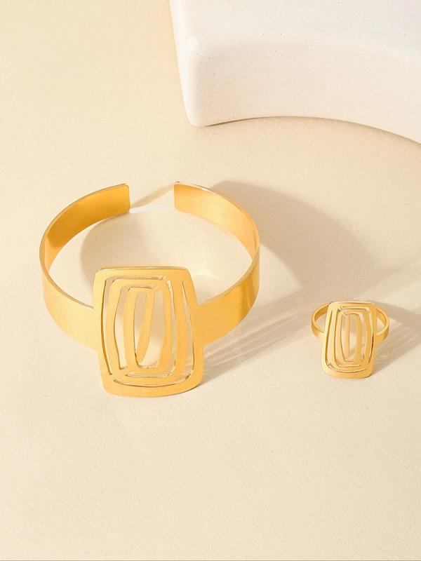 Women's Elegant Hollow Out Design Cuff Bangle & Ring, Exquisite Trendy Adjustable Ring & Bangle, Fashionable Jewelry Set for Women As Gift