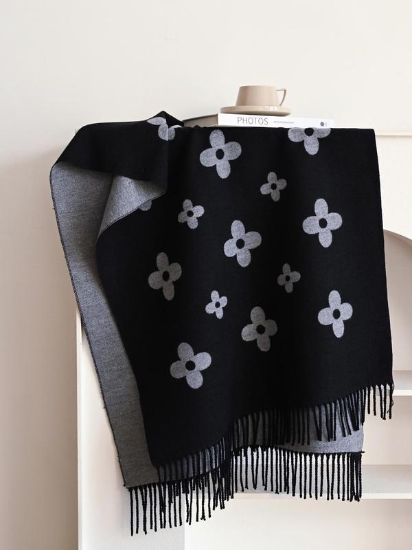 Floral Print Fringe Trim Scarf, Casual Soft Warm Shawl for Fall & Winter, Fashion Accessories for Women & Men
