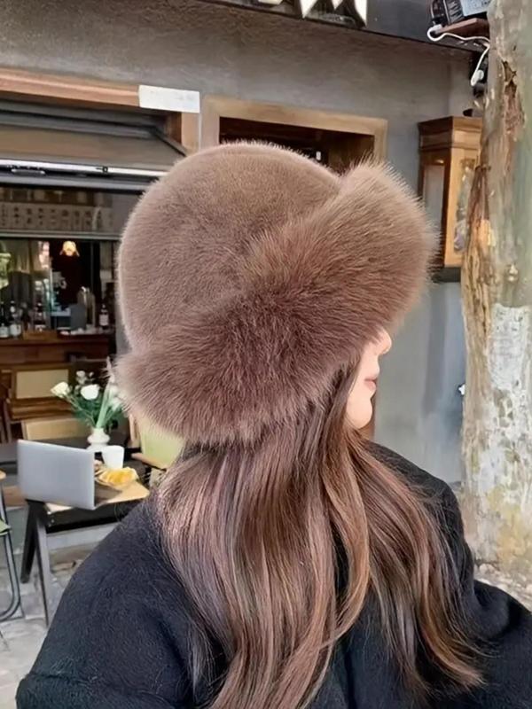 Solid Color Warm & Fashionable Faux Fur Hat, Windproof Ear Protection Buckle Hat for Fall & Winter, Casual Outdoor Cold Resistant Hat for Women & Men