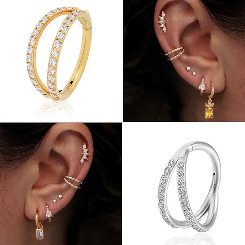 18G Solid Titanium Nose Piercing, Double Row Diamonds Hoop Nose Ring,Conch Helix Daith Lip Piercing Jewelry