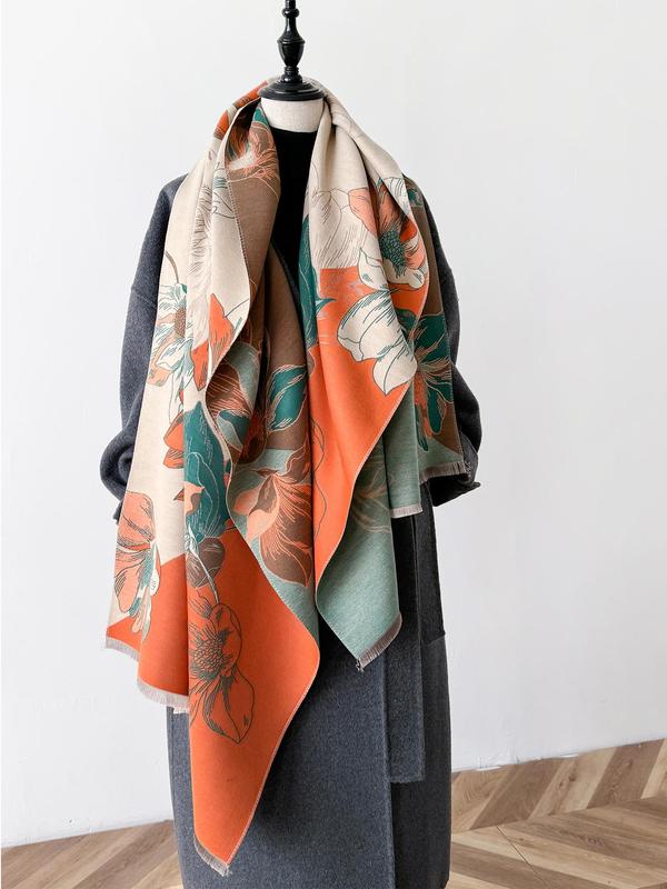 Women's Floral Print Fringe Trim Double Sided Scarf, Casual Soft Warm Shawl for Fall & Winter, Fashion Accessories for Daily Wear