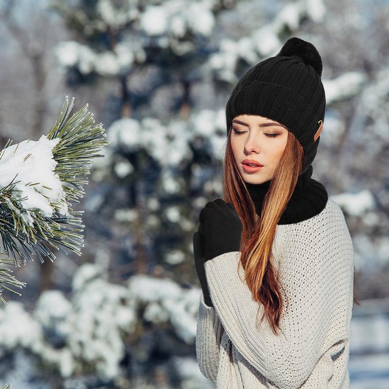 4pcs set Autumn Winter Warm Knit Hat Gloves Scarf Set 1pcs Wool Lined Hat and 2pcs Stretch Split Finger Touch Screen Gloves and 1pcs Solid Color Scarf Set，Hand Washable,Cold Weather Headwear for Women