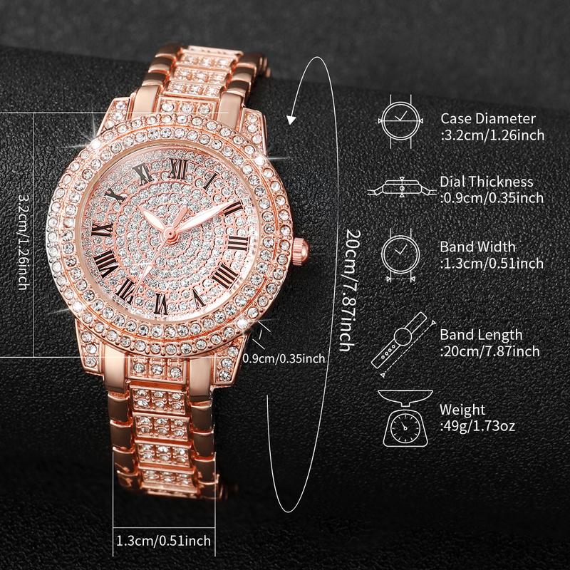 6PCs Set Women's Watch Luxury Diamond Set Quartz Rose Steel Belt Watch Gold Silver Rose Gold Double Row Diamond Bracelet