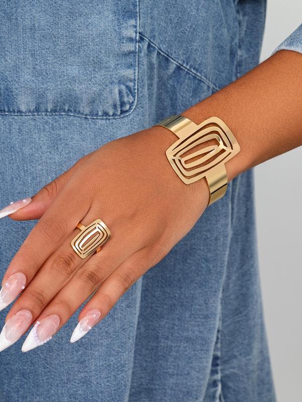 Women's Elegant Hollow Out Design Cuff Bangle & Ring, Exquisite Trendy Adjustable Ring & Bangle, Fashionable Jewelry Set for Women As Gift