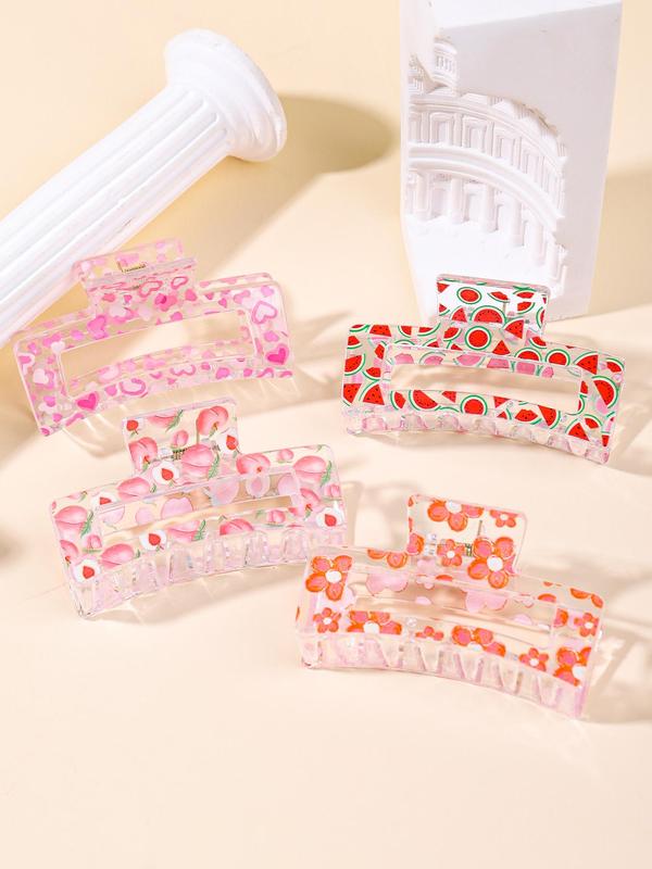 Cute Fruit Ditsy Floral Pattern Hair Claws, 4 Counts set Transparent Non-slip Claw Clips, Casual and Versatile Hair Accessories for Women, Minimalist Headwear Suitable for Thick Hair