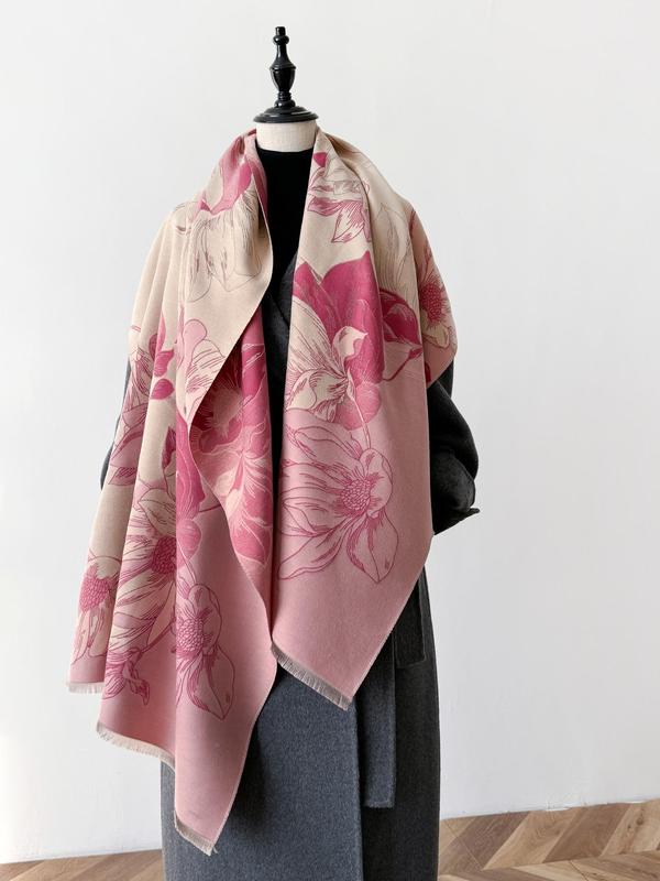 Women's Floral Print Fringe Trim Double Sided Scarf, Casual Soft Warm Shawl for Fall & Winter, Fashion Accessories for Daily Wear