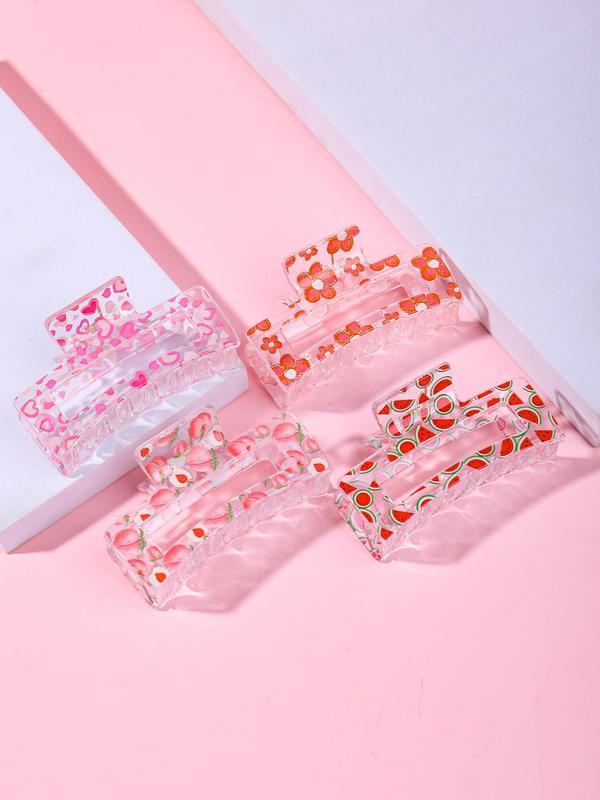Cute Fruit Ditsy Floral Pattern Hair Claws, 4 Counts set Transparent Non-slip Claw Clips, Casual and Versatile Hair Accessories for Women, Minimalist Headwear Suitable for Thick Hair