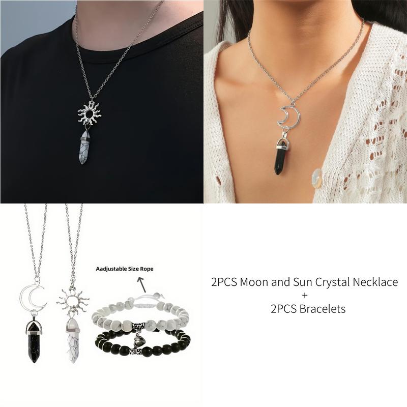 Christmas Valentines Day Anniversary Jewelry Gifts for Him and Her, 4PCS Couple Bracelets for Women Men Distance Matching Relationship 8 mm Stone Beads Couples Friendship Natural Stone Sun Moon Pendant Necklace and Bracelet Jewelry Set for Couples