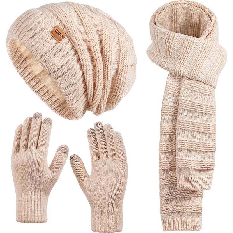 Women Beanie Hat Scarf Gloves Set Fleece Lined Winter Warm Hat Long Knit Scarf Touchscreen Gloves for Cold Weather winter hat