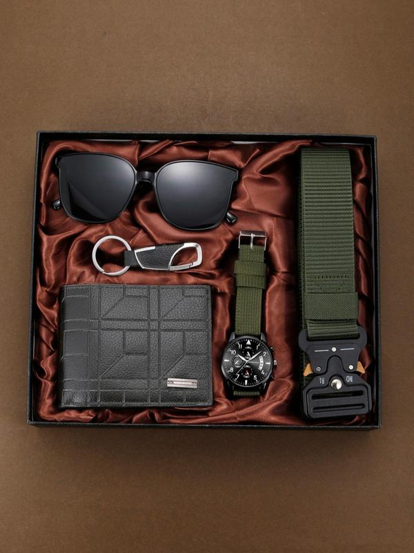 Men's Casual Round Dial Analog Quartz Watch & Accessories Set, Including Wristwatch & Sunglasses & Belt & Purse & Keychain, Trendy Exquisite Watch Set for Gift, With Box