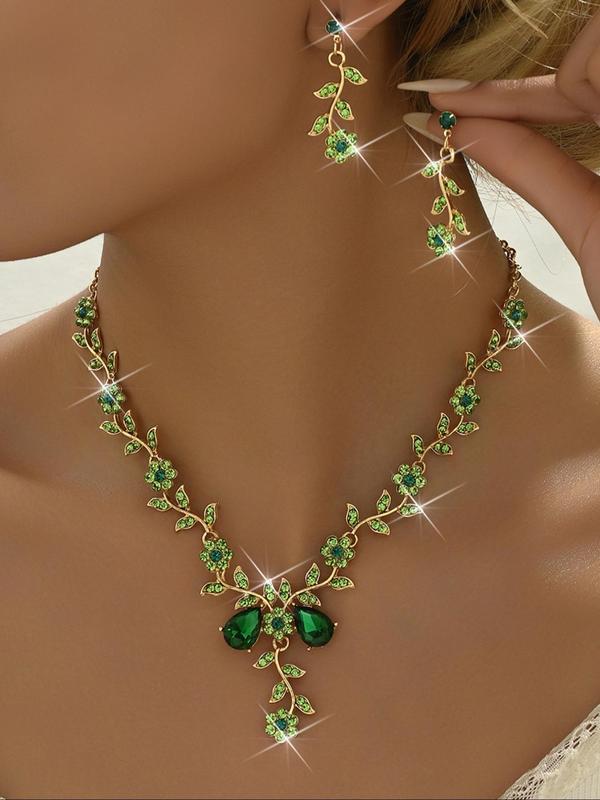 Women's Elegant Rhinestone Decor Leaf Design Necklace & Dangle Earrings, Exquisite Trendy Jewelry Set, Fashionable Accessories for Party & Daily Clothing Decor